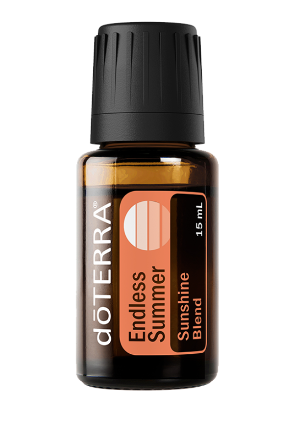 A 15 mL amber glass bottle of doTERRA Endless Summer Sunshine Blend essential oil with a black ribbed cap and a peach and dark orange label, shown on a plain white background.