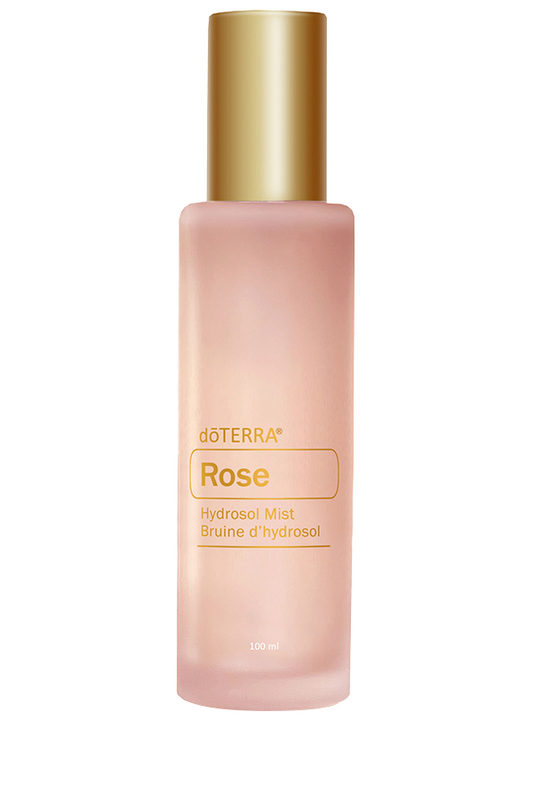doTERRA Rose Hydrosol bottle with gold cap on a white background