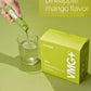 Hand pouring a green liquid into a glass with a VMG+ box on a green background